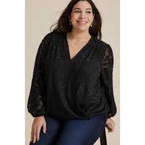 Maurices Womens XL Blouse Black Jacquard Floral Metallic Shimmer Wrap Top